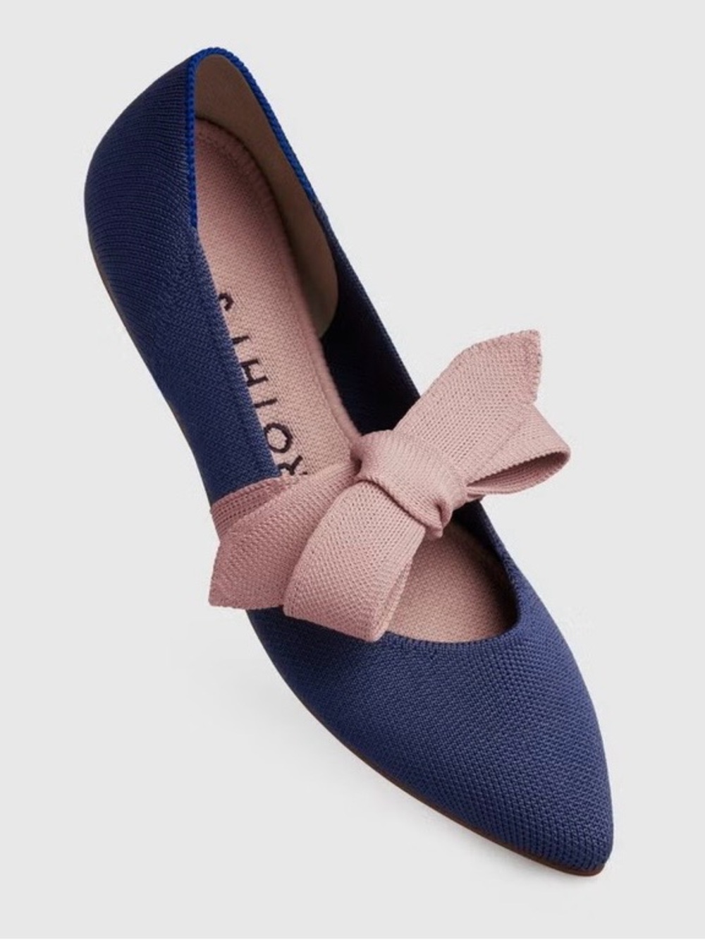 Rothy’s Navy Sapphire Mary Jane Pointed Toe Flats with Pink Bow - Picture 2 of 9